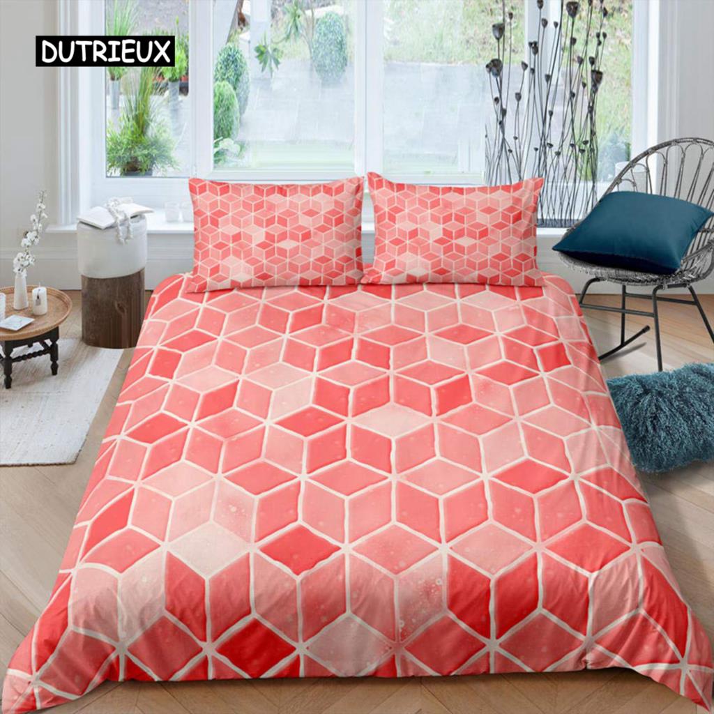 Red Glowing Polygonal Grid Pattern Bedding Set, 135×200 Duvet Cover Set With Pillowcase, 260×220 Quilt CoverBlack Blanket Cover