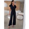 Summer New Arrival Fashion Wind Fashion V Neck Solid Color Waist Tight Elegant Straight-leg Loose Pants Ruffles Short-Sleeved Jumpsuit