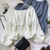 Off Shoulder Elastisk Talje Flæsekant Ensfarvet Afslappet Bluse Forår Efterår Lanterne Langærmet Dame Chiffon Skjorte Daglig Beklædning