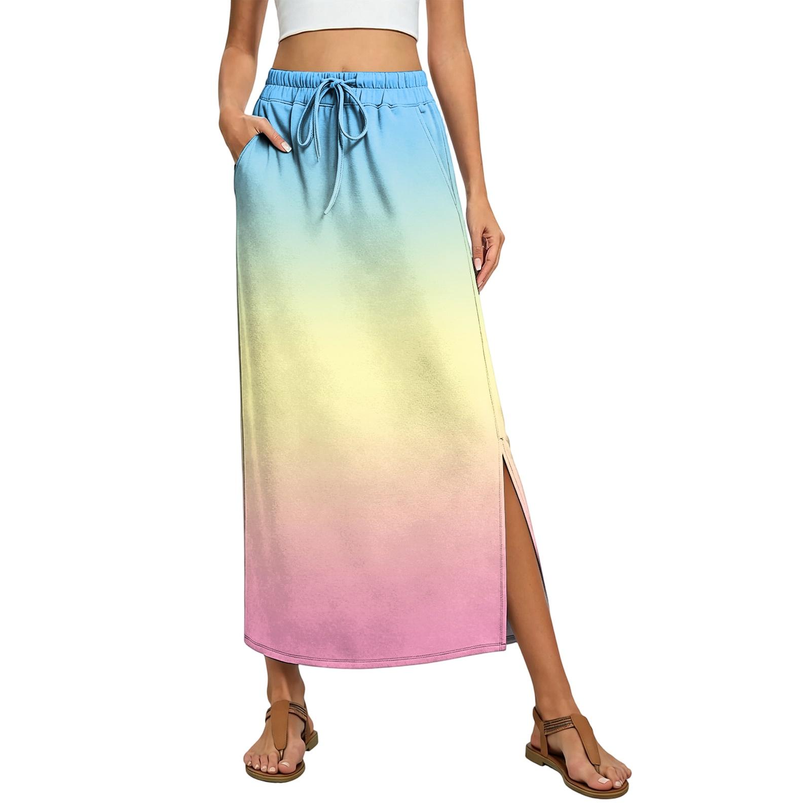 

Ladies Gradient Printed Elastic Waist Drawstring Pocket Skirt XL жовтий