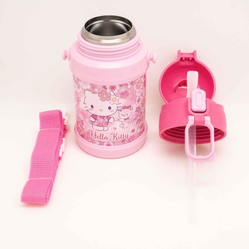 OSK Hello Kitty Sakura Stainless Steel Bottle with Straw, Pink [SBR-450S] with Shoulder Strap