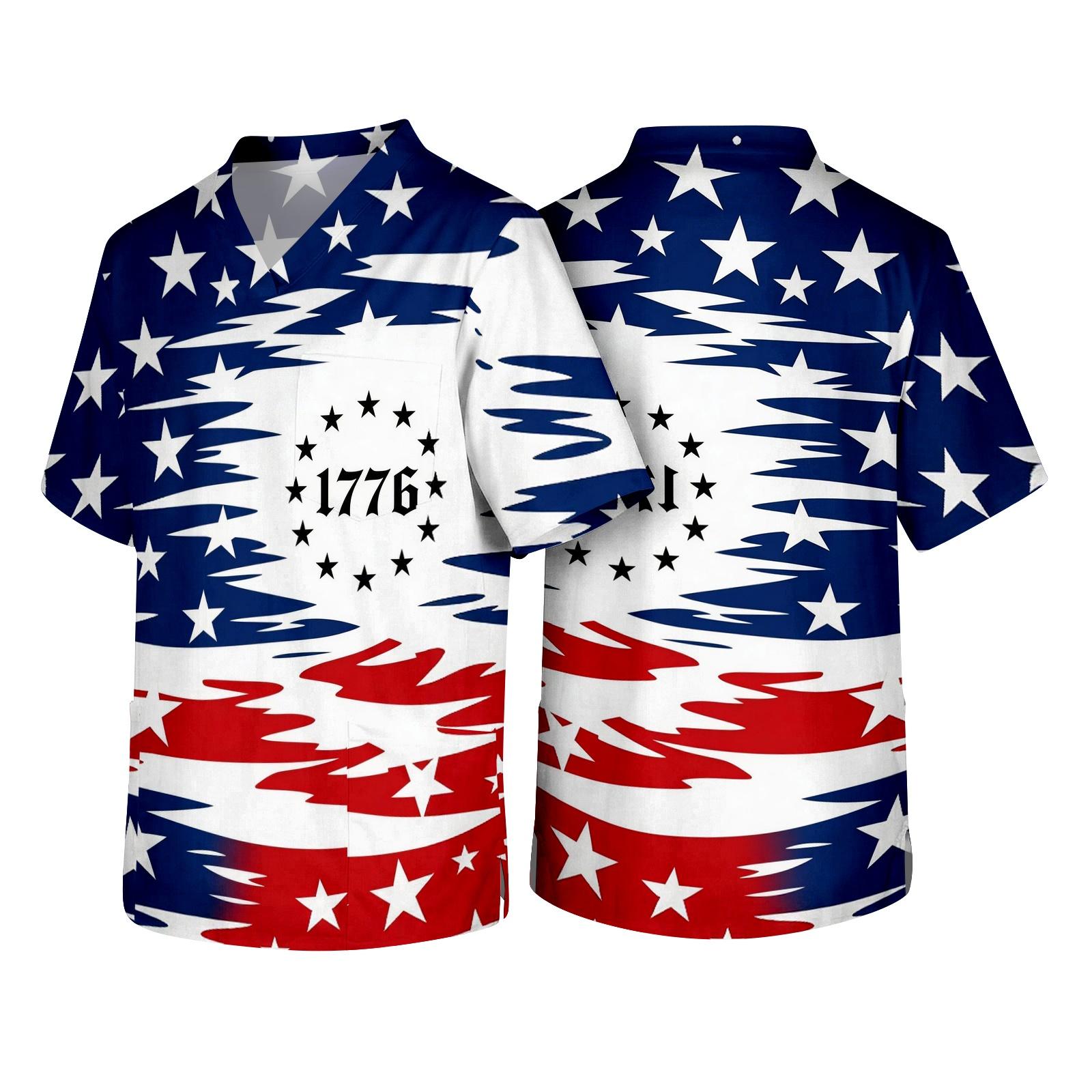 

Men s V Neck Medical Scrub Top with Chest Pocket Independence Day Themed Print Short Sleeve Work Shirt for Healthcare Professionals L