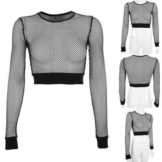 Beach Sexy Hollow Out Fishnet Long Sleeve Round Neck Women Slim Fit Crop Top