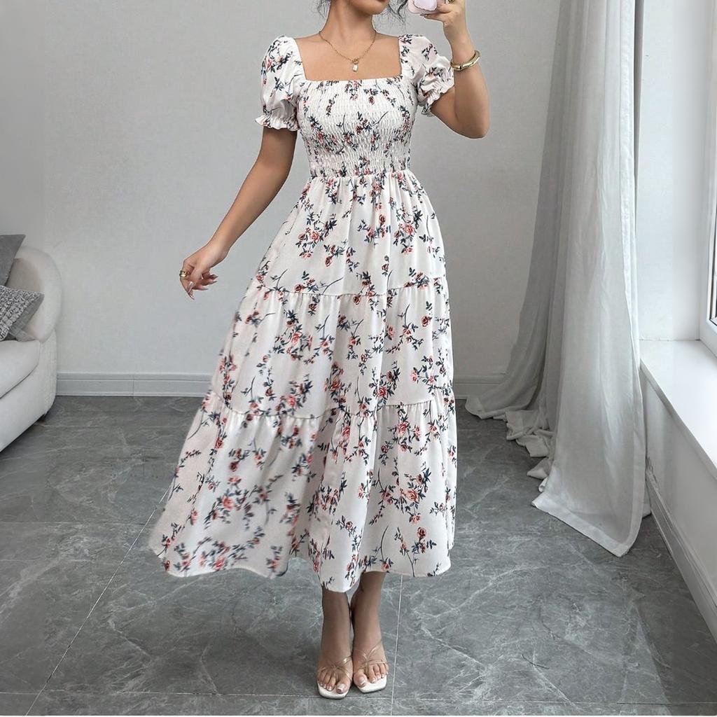 Women's Floral Print Square Neck Long Dress Summer Waist Cinched Puff Sleeve Midi Dress Casual Lightweight Flowing Dress for Daily Wear