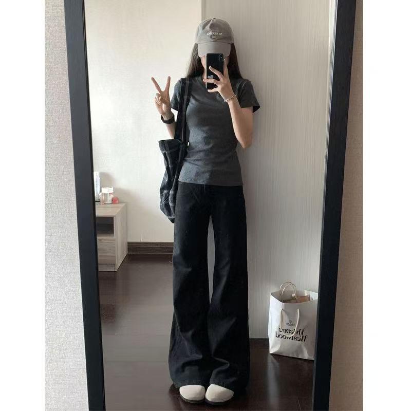 

Women s American Style Low-Rise Black Micro-Flare Jeans - Loose, Slimming, Floor-Length Pants for Spring/Summer L чёрный