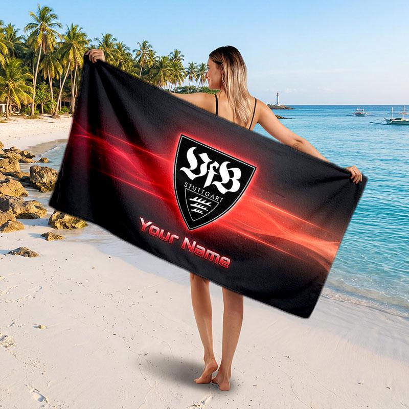Asciugamano da Spiaggia Personalizzato VfB Stuttgart FC, Stampa Testo Nome Personalizzato, Asciugamano Morbido Asciugatura Rapida con Logo Calcio, Regalo per le Vacanze