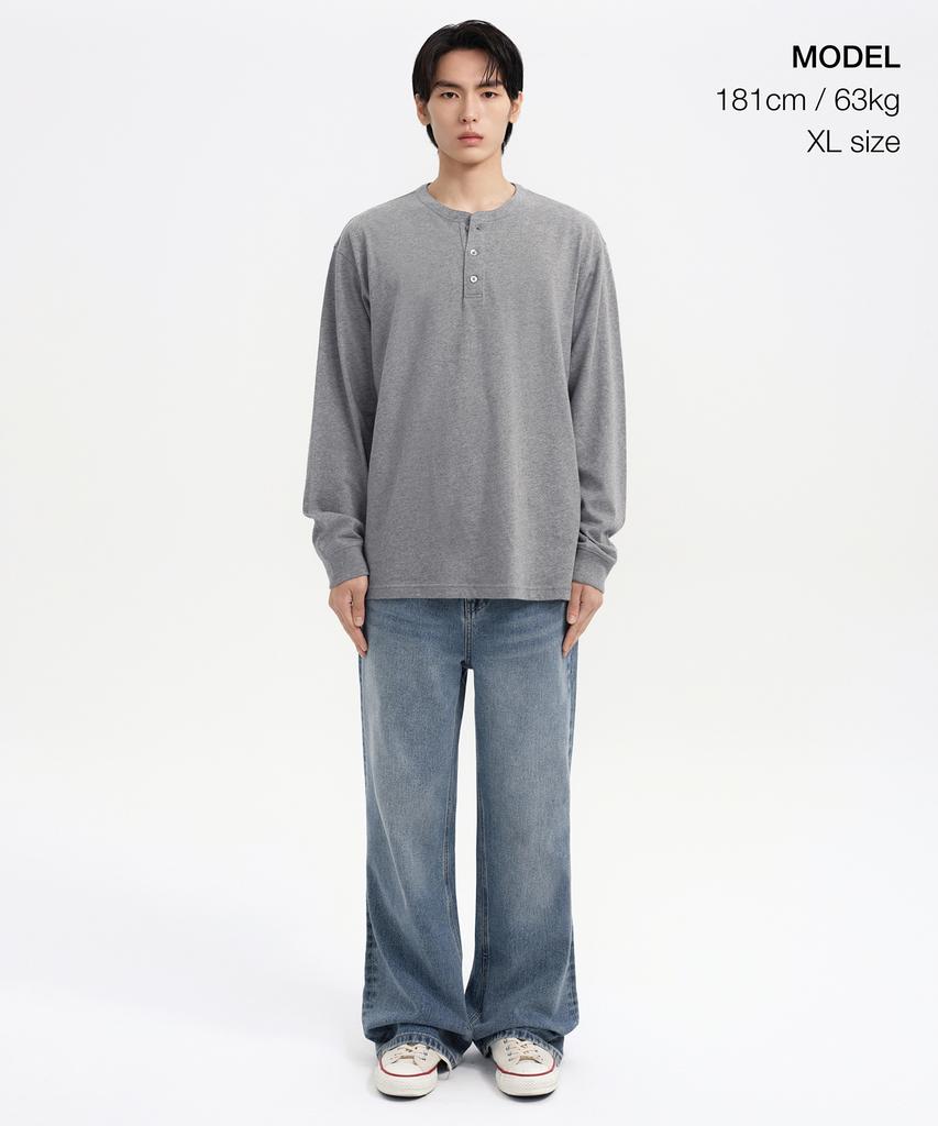 MUSINSA STANDARD Rib Cuff Henley Neck Long Sleeve T-Shirt [Melange Gray]