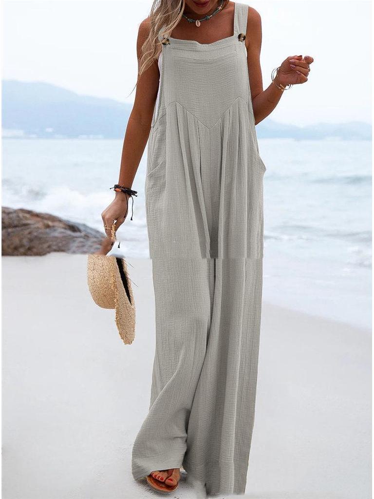 2024 Women's Ethnic Style Sleeveless Wide-Leg Button Jumpsuit