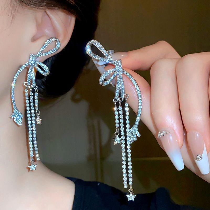 Silver Needle Diamond Flower Water Drop Tassel Earrings Exaggerated Earrings Light Luxury Premium Earrings Women