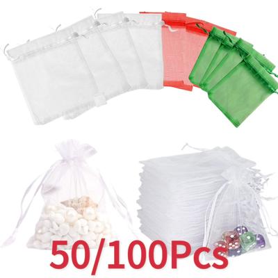 50/100 vnt. balti organzos maišeliai su raišteliais 7x9 9x12 10x15 15x20 20x30cm vestuvių vakarėliui papuošalų dovanų pakavimo maišeliai maišeliai