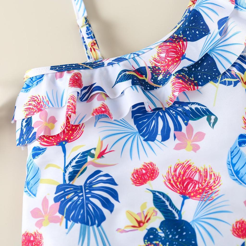 Girls' Floral One-Shoulder Swimsuit with Cute Print