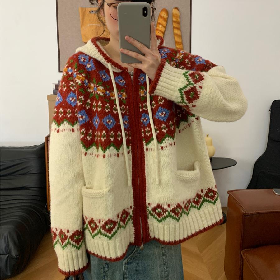 

DIMANAF 2025 Большие размеры Осенние свитера Пальто на молнии Кардиган Карманы Женские Свитера с принтом Вязание Красный Свободный свитер One Size бежевый