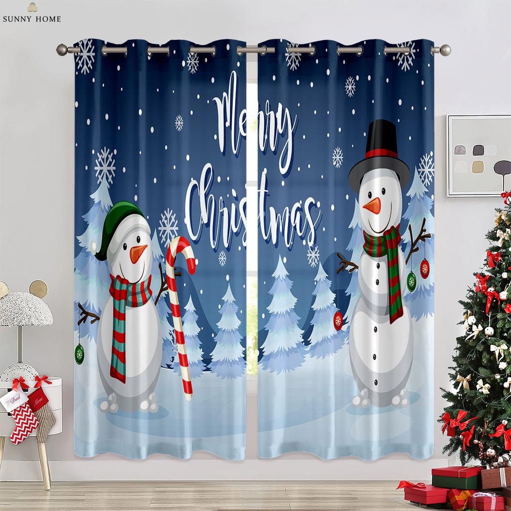 Cute Cartoon Snowman Christmas Decoration Curtains Bedroom Restaurant New Year Holiday Party Decoration Curtains 2 Pieces