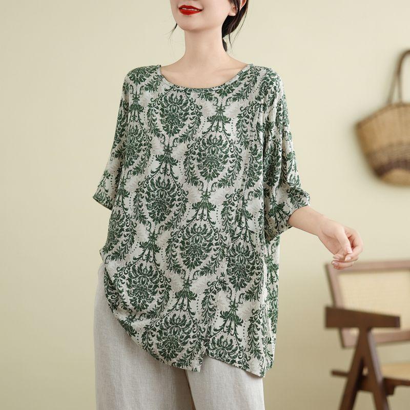 Haut décontracté d'été pour femme, vintage, imprimé floral, ample, col rond, manches courtes