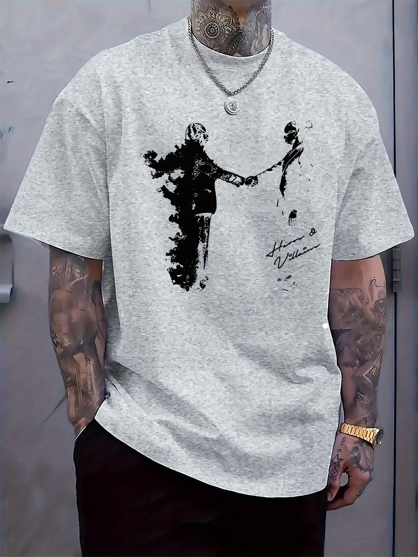 

Hero Villain Handshake Graphic Print T-shirt - Light Grey Regular Fit Casual Short Sleeve Round Neck Tee for Summer L