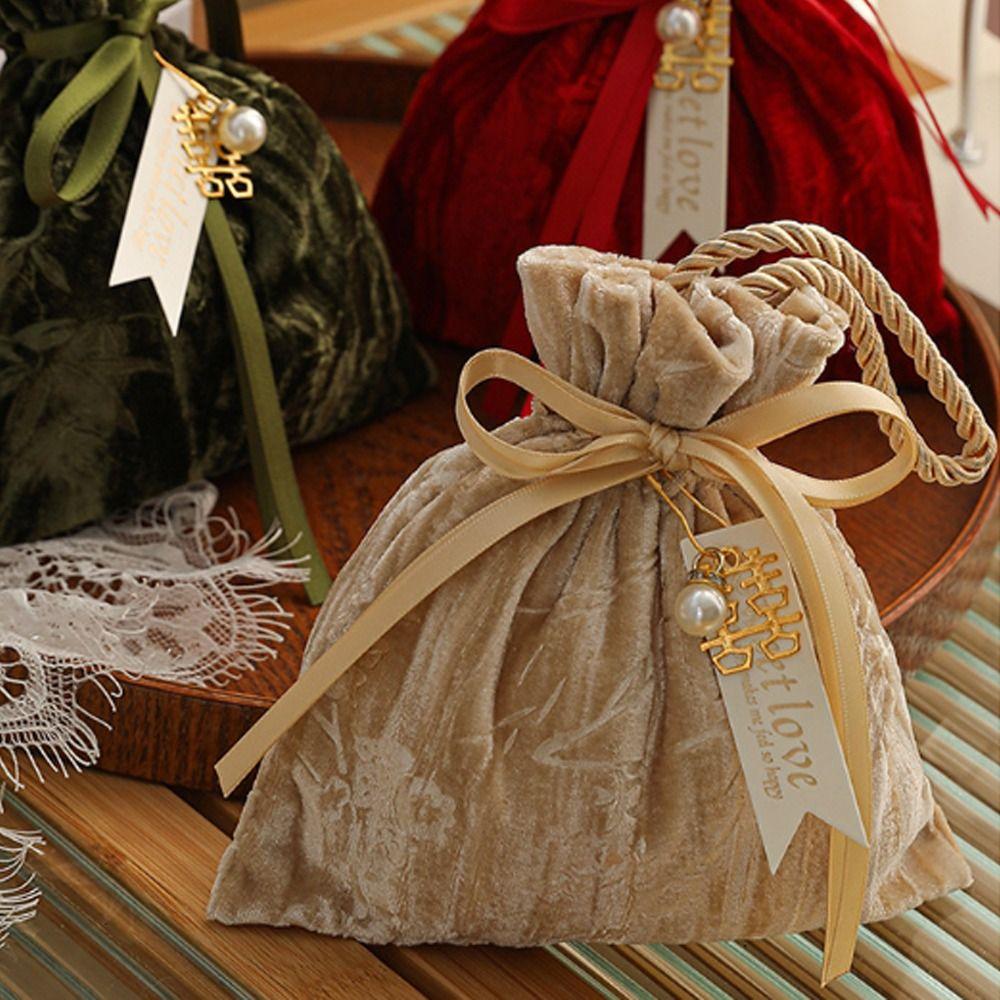 Fashion Ribbon Bow Velvet Candy Box with Tassel Flower Drawstring Bag Handbag Dust Protect Gift Bag Wedding Party