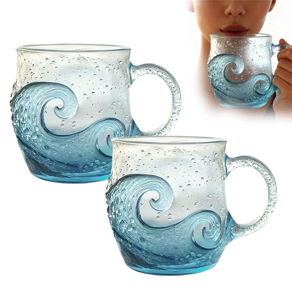 1/2pcs Sea Glass Wave Cup Glass Mug Wave Design Ocean Texture Cup Unique Coffee Hand Glass Theme Blown Mug Wave Wave Beach E3E7