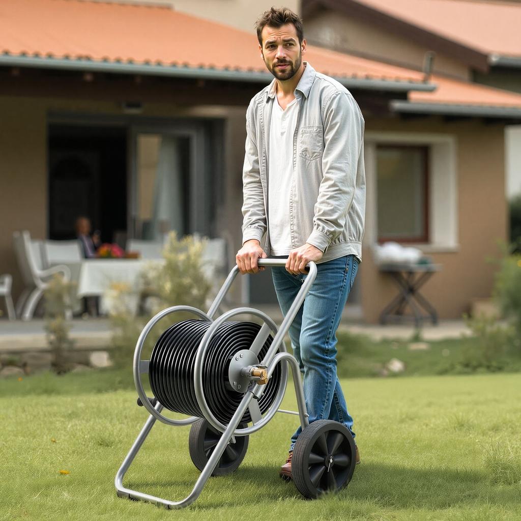Wasserschlauch-Aufrollerwagen, 6096/9144 cm Hochdruck-Gartenschlauchwagen, Schlauchaufrollerwagen mit zwei Rädern, Griff & Robuster Netz-Aufbewahrungskorb, Tragbar