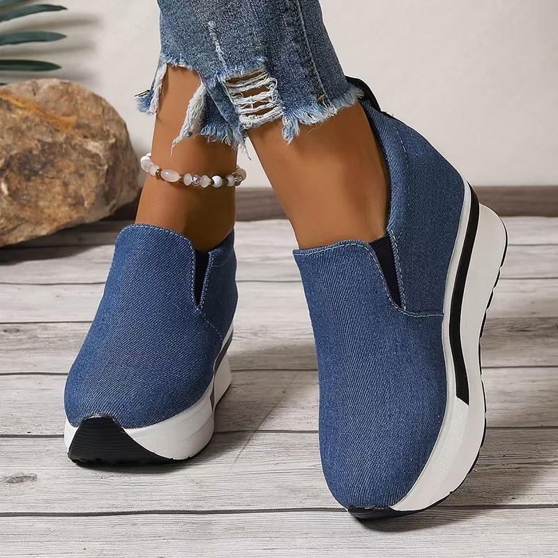 Women's Denim Wedges Heel Fashion Round Toe Sneakers Ladies Daily Casual Shallow Mouth Non-Slip Walking Women's Vulcanised Shoes