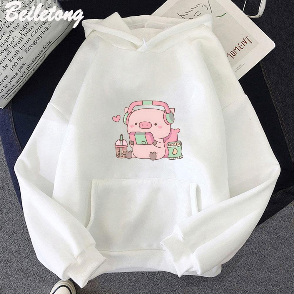 Cute Little Piggy Gamer with Headphones Hoodies Women Kawaii Streetwear Sweatshirts Graphic Pullovers Clothing