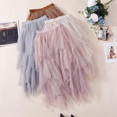 Jupe en tulle irrégulière de style coréen, jupe longue, jupe courte, jupe en maille taille haute, pour femmes
