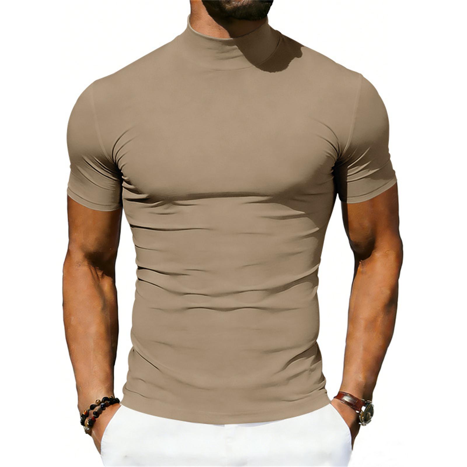 Sdwen Casual heren T-shirt met hoge hals, elastische, sneldrogende, ademende en nauwsluitende pasvorm en korte mouwen. L kaki