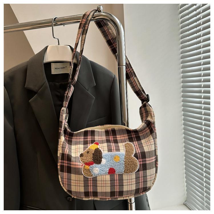 Chic Urban Minimalist Plaid Canvas Handbag Soft Shoulder Bag For Everyday Use In Three Colors
