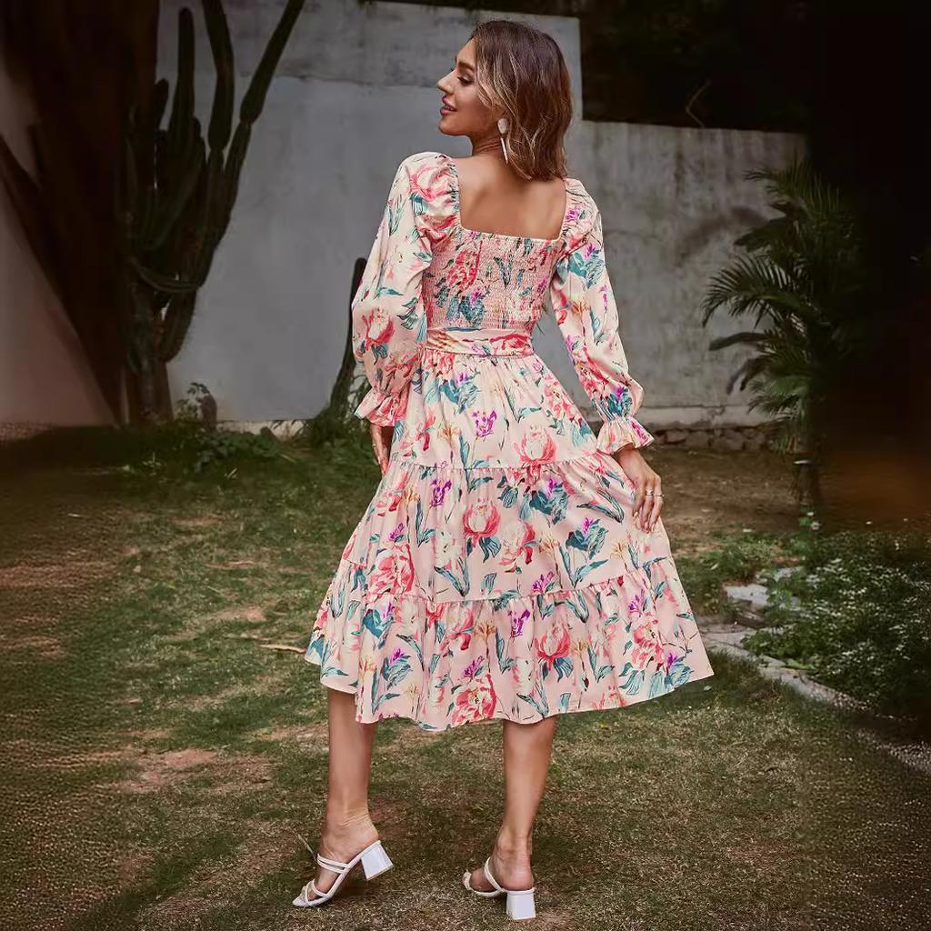Summer new square neck horn long sleeve high waist dress loose long dress