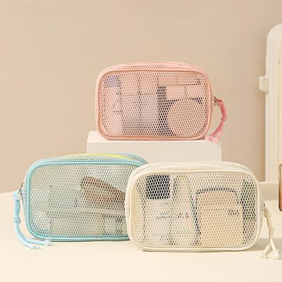 Casual Mesh Cosmetic Bag Hand-Held with Zipper Women Pure Color Makeup Bags Multipurpose Portable Mesh Toiletry Wash Bags