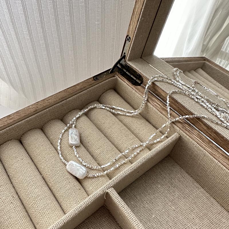 Korean Geometric S925 Sterling Silver Pearl Necklace - Irregular Layered Clavicle Chain