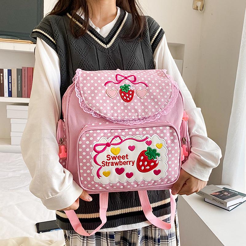 Pink Girl Embroidery Strawberry Children'S Schoolbag Student Birthday Gift Cartoon Backpack Book Bags Christmas  Year Gift