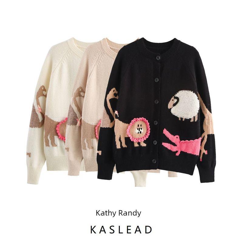 Kaslead New Women clothes Western Style Zoo Stereo Jacquard round Neck Long sleeve Knit cardigan Outerwear