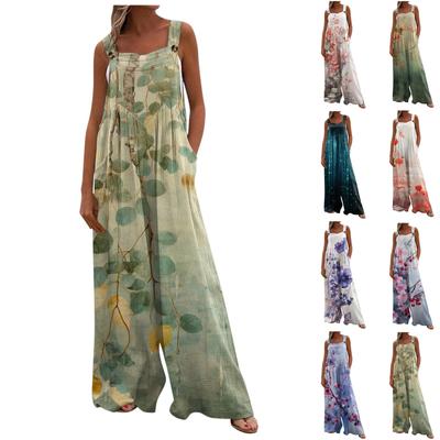 Women's Wide Leg Jumpsuit Casual Loose Sleeveless Jumpsuit Regular Printed Button Long Pants Pocket  Jumpsuit
