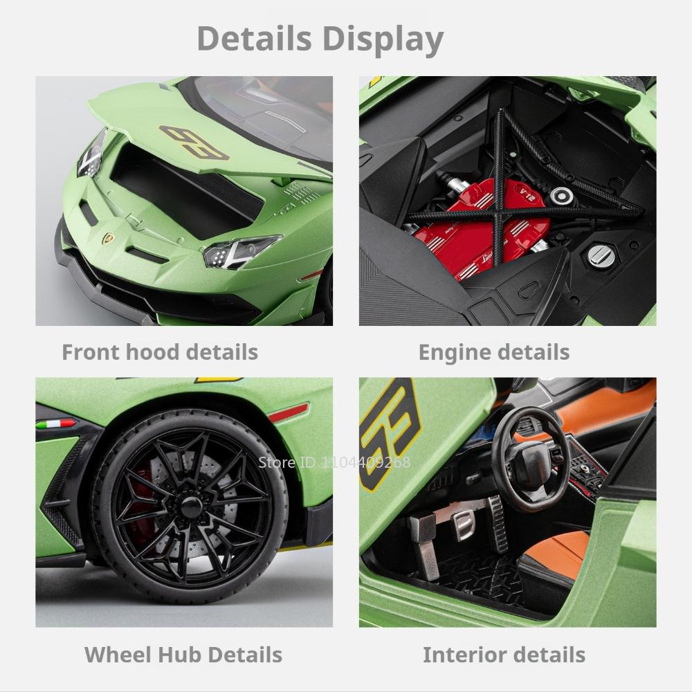 Scale 1:18 SVJ63 V12 Sport Car Model Toy Metal Diecast Music Light Shock Absorption Models Wheel Steering Supercar Gifts for Boy