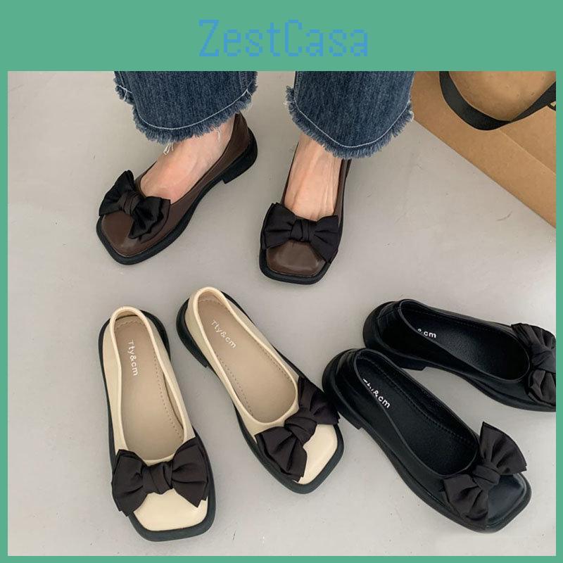 Sized Wtempo Large Single Womens Shoes Spring And Autumn Retro British Style Square Toe Bow Solid Color Low Square Heel Soft Sole Soft Leather Shoes