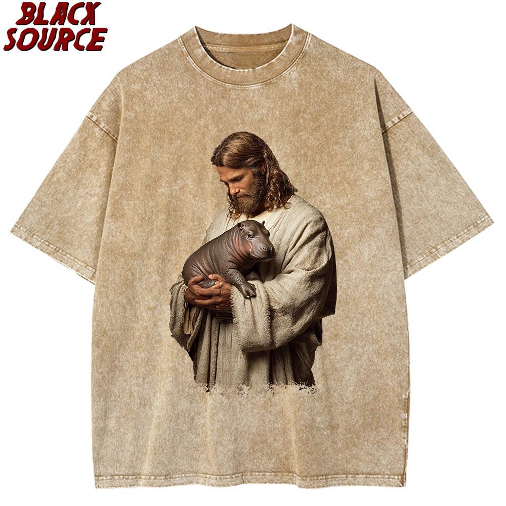T375 Funny Meme Jesus Holding Moo Deng T Shirt Women The Hippo Joke Moo Dang Lover Thailand T-shirt Short Sleeve Tees
