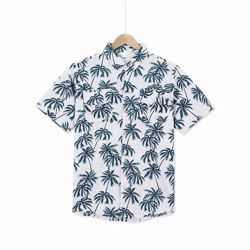 Men's Beach Short-Sleeved Shirt Coconut Tree Print Loose-Fit Holiday Shirt Men's