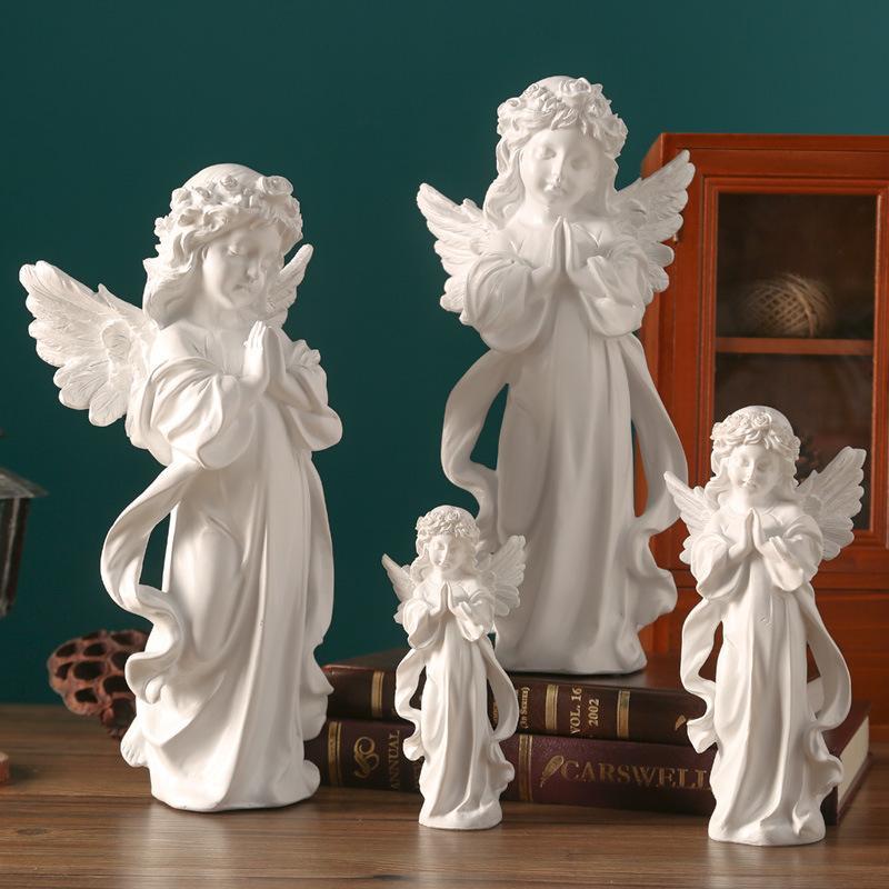 White Resin Praying Angel Figurines With Delicate Wings Floral Crown For Home Desktop Shelf Decor