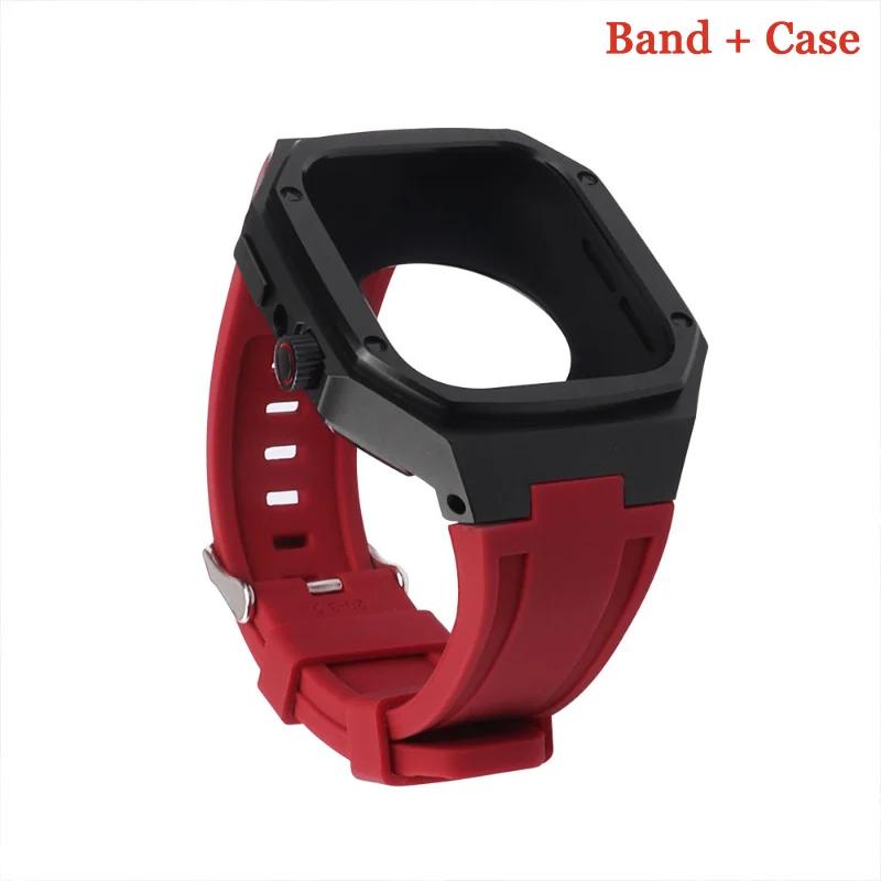 Luxury Modification Kit For Apple Watch 8 7 44mm 45mm 40mm 41mm Stainless Steel Case Rubber Sports Strap For IWatch Series 6 5 4