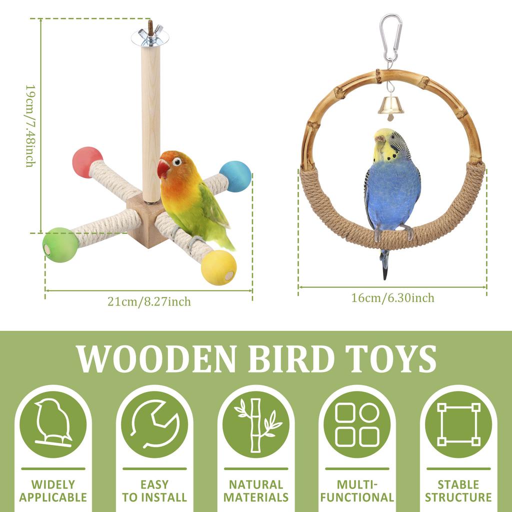 2Pcs Bird Standing Toy Set 360° Rotatable & Bell Wooden Interactive Spinning Parakeet Toys for Bird Cage Accessories NEW