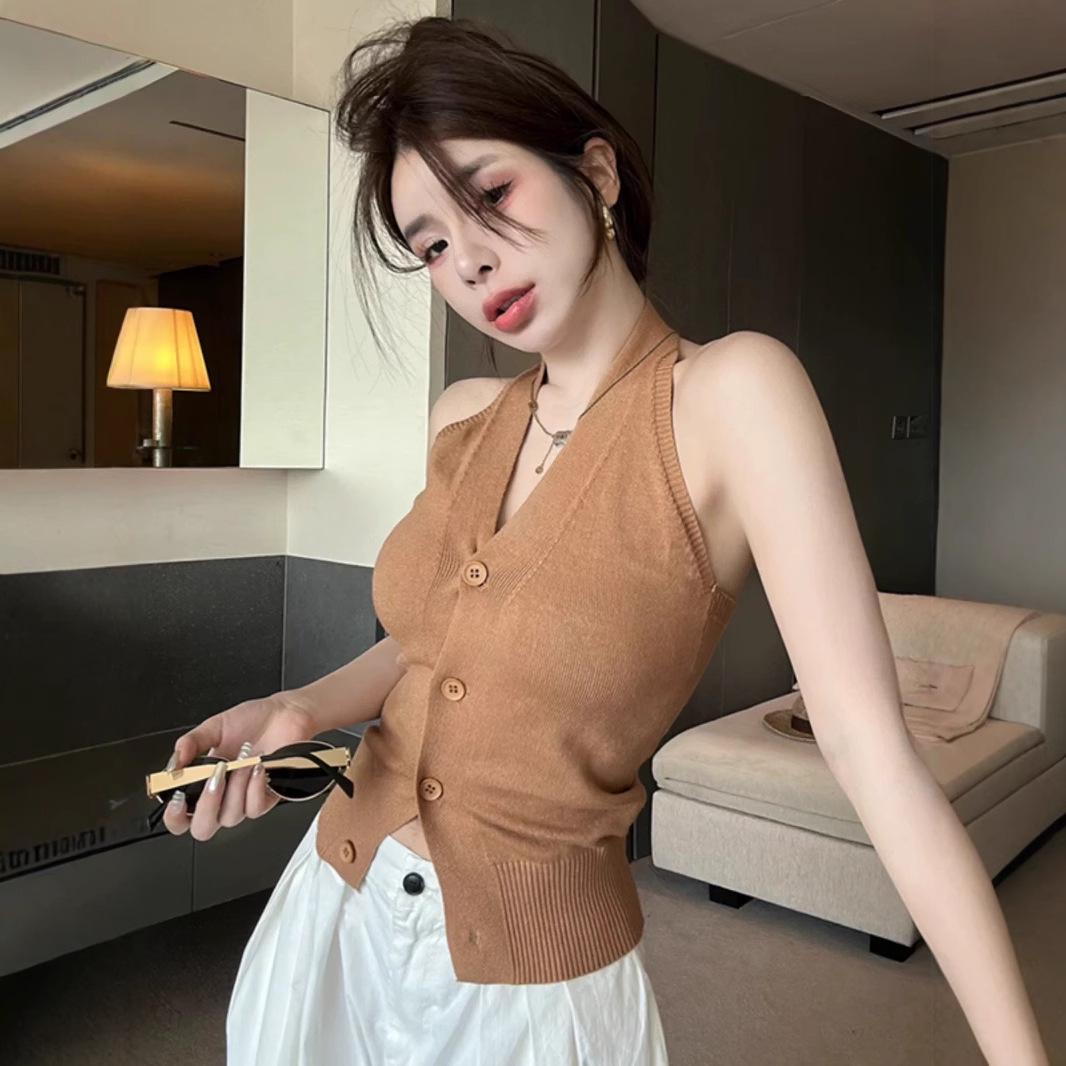 

Backless Halter Knit Camisole: Women s Sleeveless Summer 2025 Top One Size [Premium Version] чорний