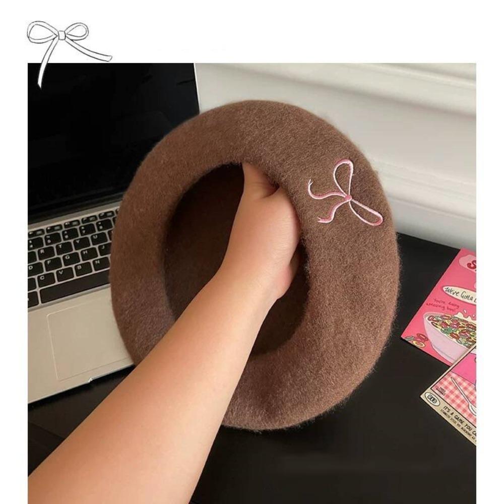 Bowknot Embroidery Literary Painter Hat Wool Blend Women Beanies Cap Sweet Women Beret