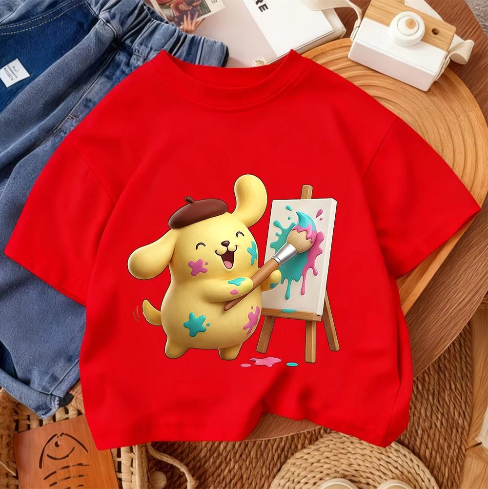 Summer Fashion Crew Neck Streetwear Boys and Girls 3-14 Years Old Kids Casual T-Shirt Cute Pudding Dog Cartoon Print