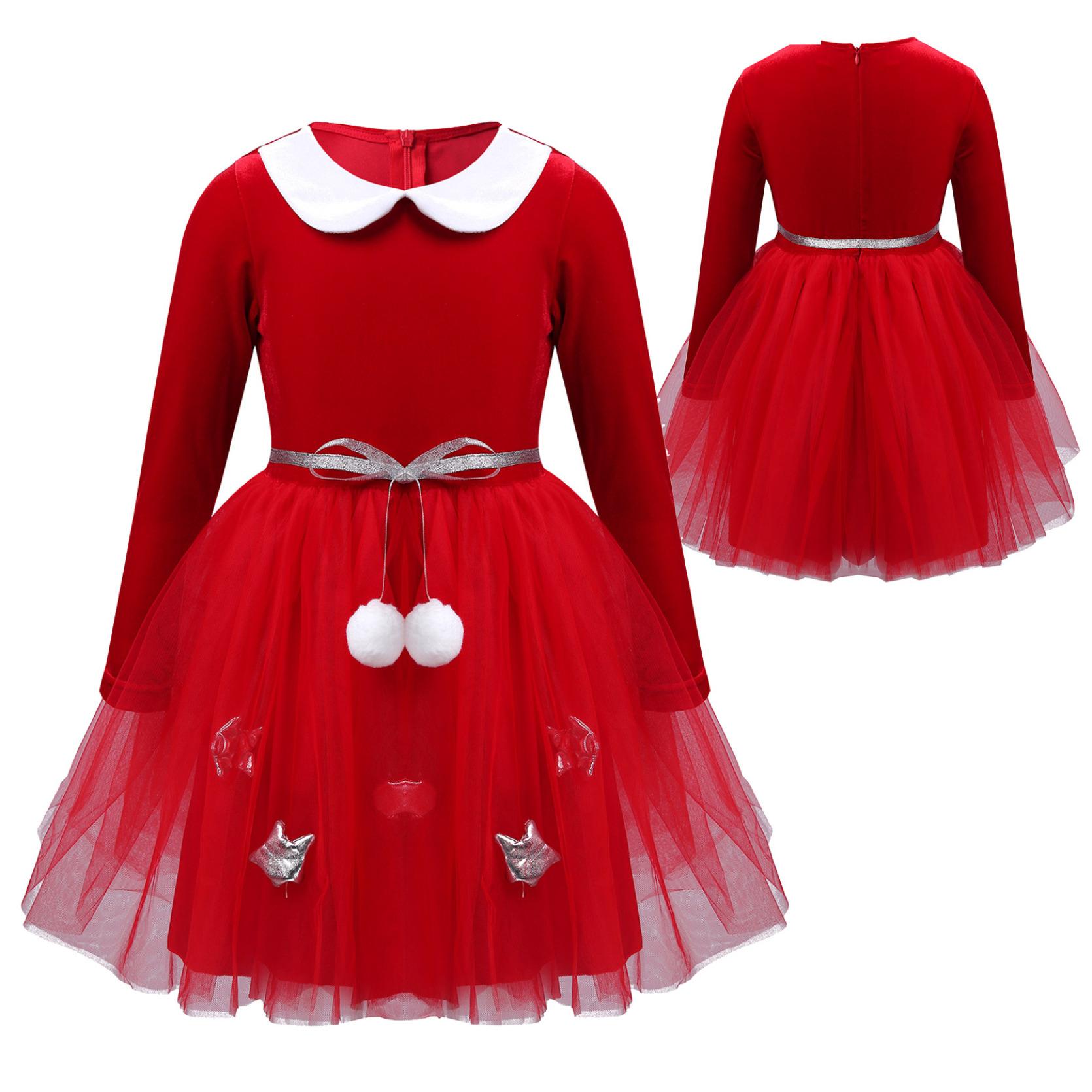 

Рождественское платье с кукольным воротником для маленьких девочек, вечерние юбки принцессы с длинными рукавами и бантом для дня рождения, платье для девочек 3-4 Years красный