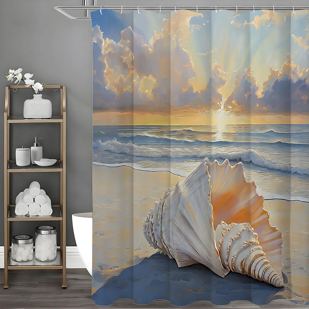 Ocean Shell Shower Curtain, Ocean Beach Shell Sunset Bathroom Decorative Shower Curtain, Waterproof Shower Curtain with Hooks