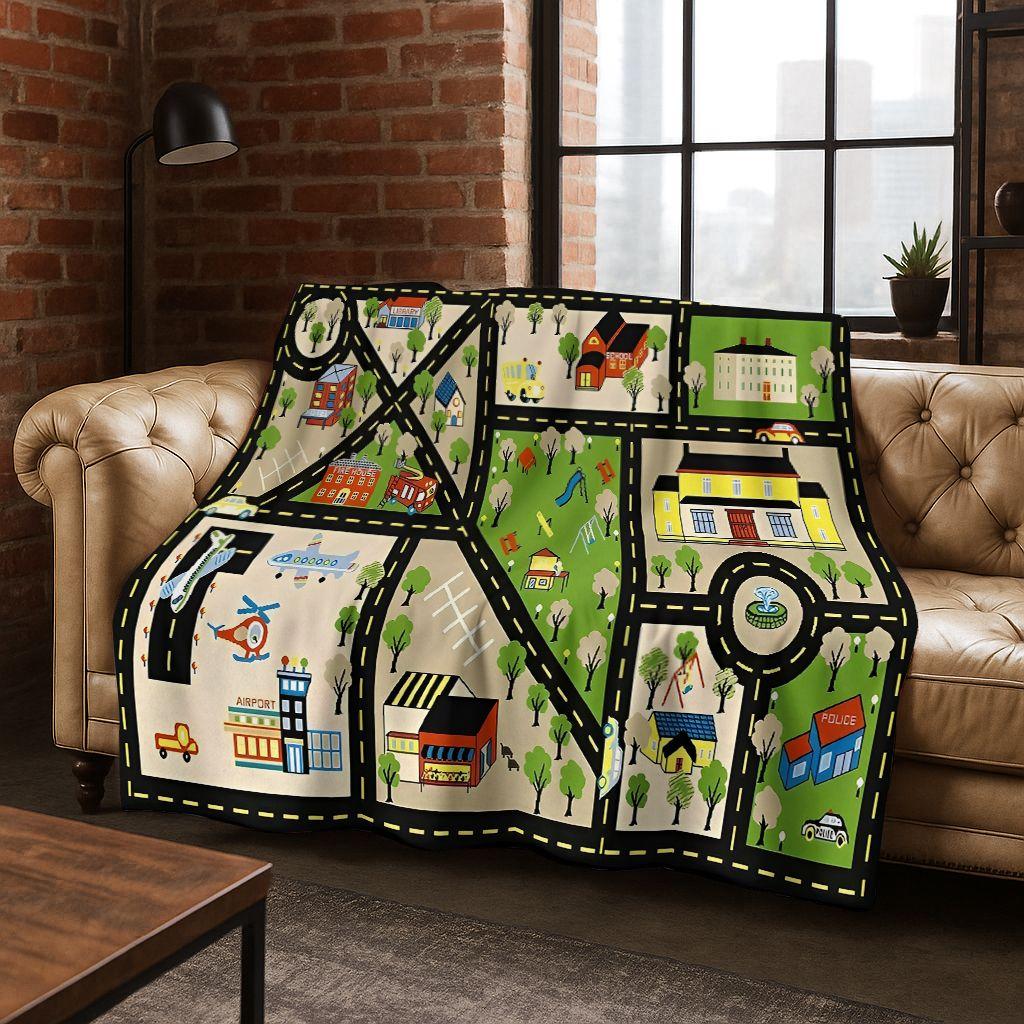 Dětská městská silniční doprava Učící hra Flanelová deka, Útulná měkká přehozová deka na doma do ložnice postele pohovky Kryt Dárek pro děti