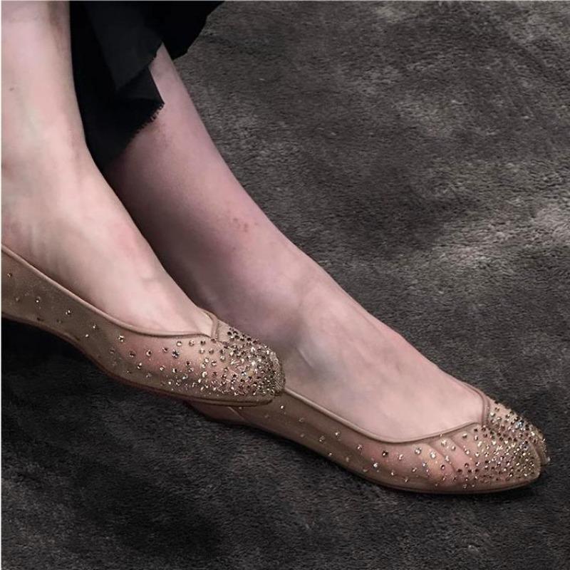 2025 Summer Woman New High Heel Mesh Diamond Split Toe Sandals Bling Banquet Party Wedding Ballet Women's Shoes Slides Loafers