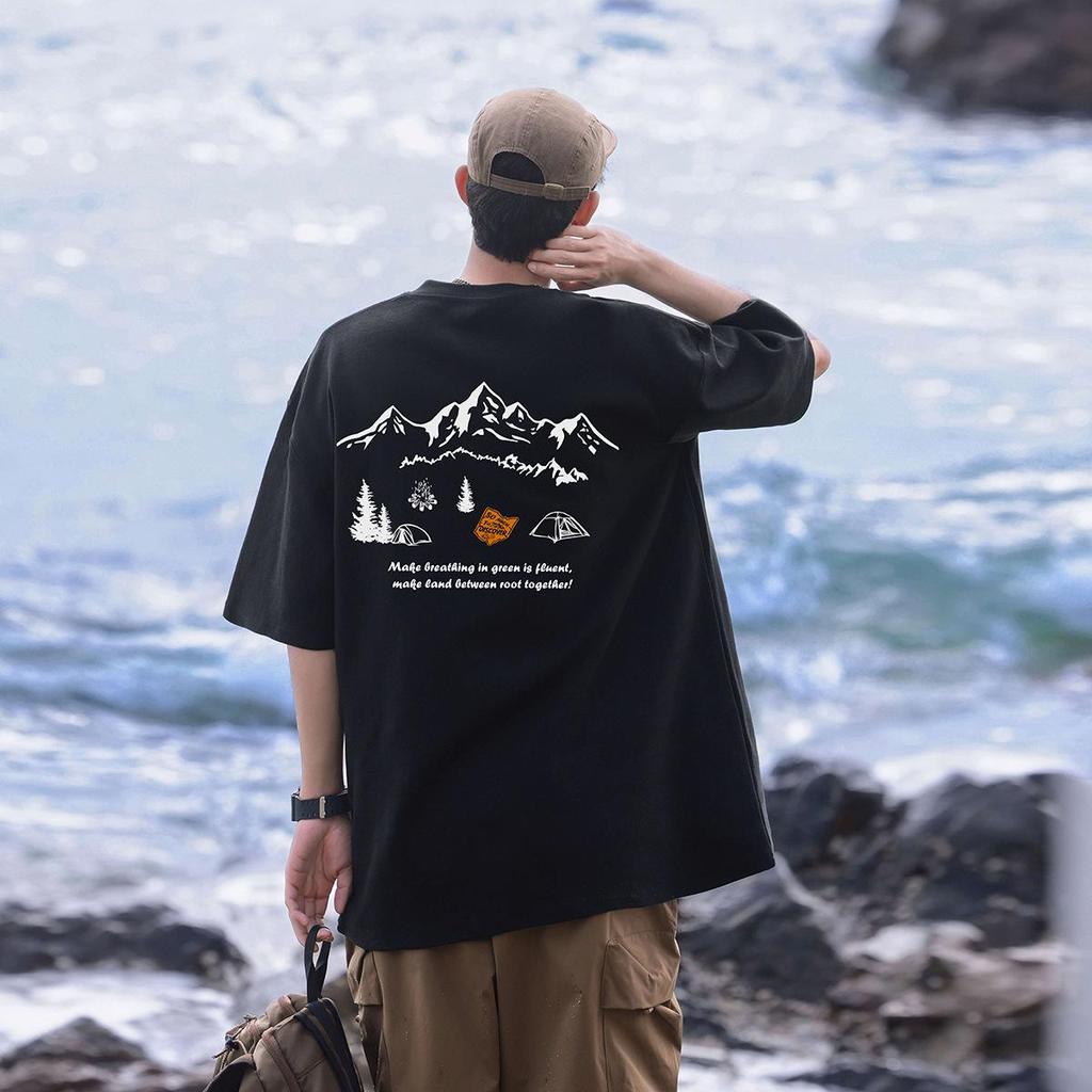 Męska luźna koszulka z krótkim rękawem, ciężka, wykonana z czystej bawełny