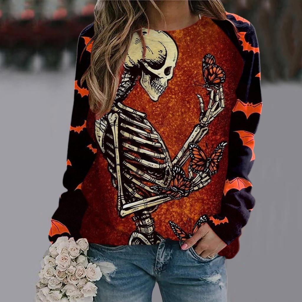 Spring and Autumn Round Neck Halloween 3D Printed Top Fashionable Casual Long Sleeved Women's T-shirts
