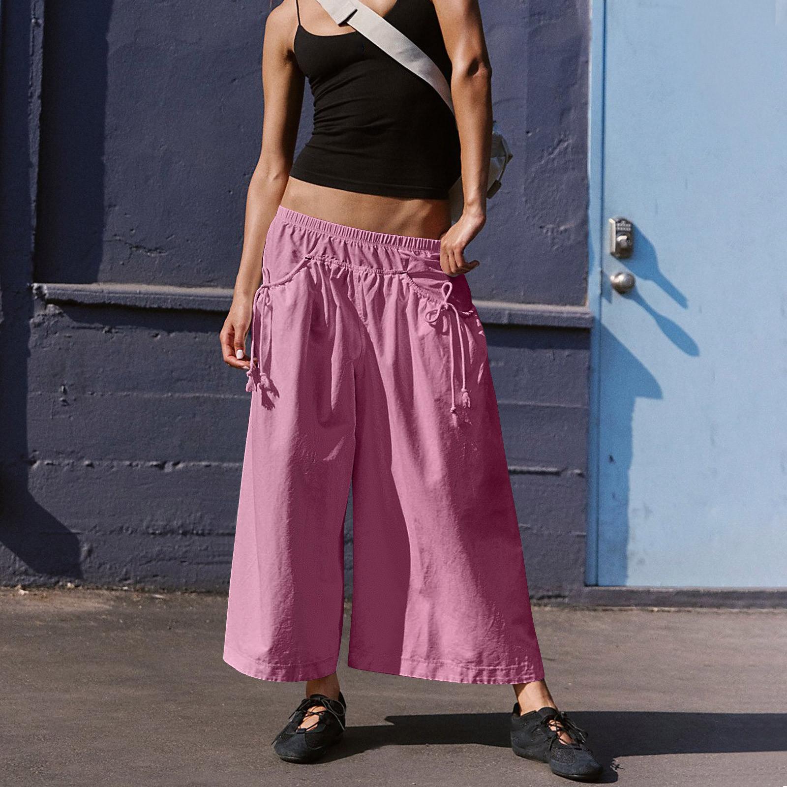 

Women s Loose Wide Leg Track Pants Step By Step Pants Summer Wide Leg Casual Pant With Big Ruched Pockets M розовый